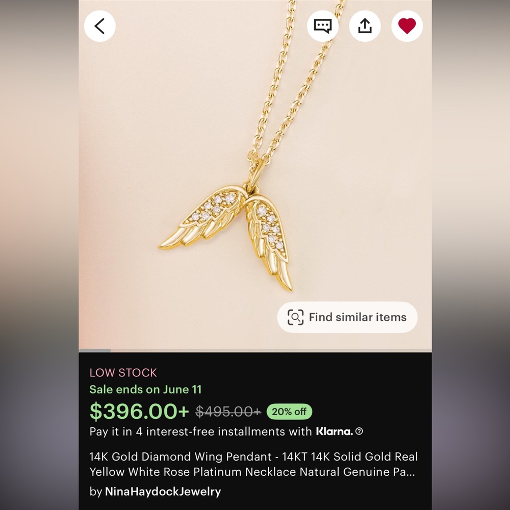 14k Gold Diamond Wing Pendant
